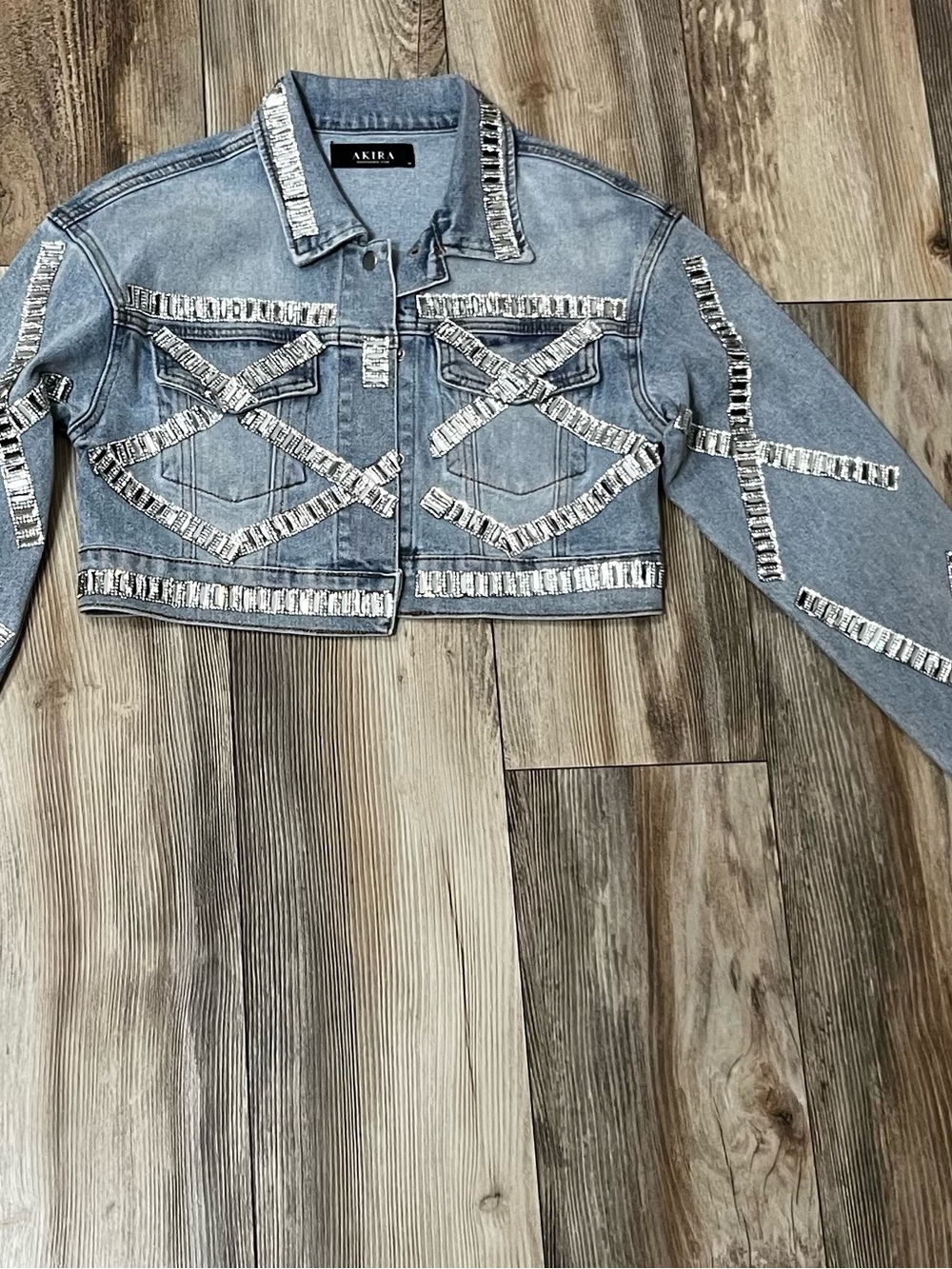AKIRA Light Blue Cropped Denim Jacket with Silver Trim